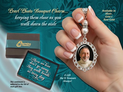 Photo Memorial Pearl Bouquet Charm – Wedding Keepsake Pendant, Custom Picture Charm for Bride, Something Blue Bridal Memory Gift