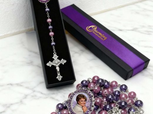 Catholic Custom Photo Rosary – Purple Lavender Beads for Memorial, Wedding, Celebration of Life or Alzheimer’s Tribute