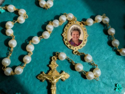 Custom Photo Rosary Necklace – White and Gold Catholic Memorial Jewelry with FREE Photo Restoration