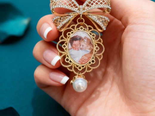 Photo Bouquet Keepsake, Bow Brooch with Lacy Charm and Pearl Accent, Custom Picture, in Memory of a Loved One, for the Bride