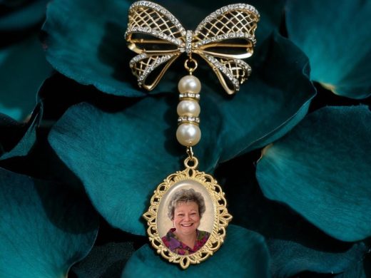 Custom Photo Bow Bouquet Charm with Rhinestone Brooch & Pearls, In Memory of Keepsake, Bride