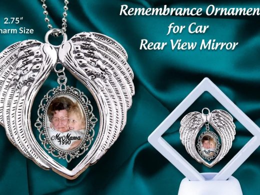 Car Auto Remembrance Photo Ornaments, Angel Wings In Memory of, Rainbow Bridge , Forever in My Heart Ornament, Funeral Memorial Sympathy