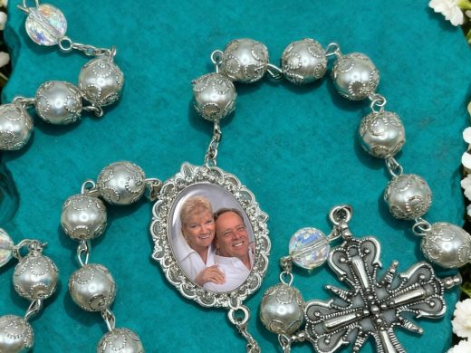 Luxurious Catholic Wedding Rosary with Your Photo White Glass Pearl Beads Handcrafted - Family Heirloom Keepsake Gift for Bride and Groom