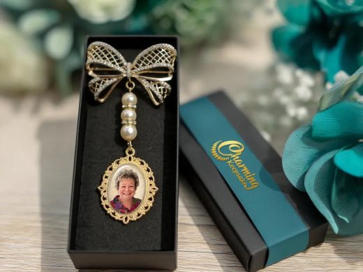 Custom Photo Wedding Bouquet Charm includes Elegant Rhinestone Studded Bow Brooch & Pearls, In Memory of Memorial Keepsake for Bride