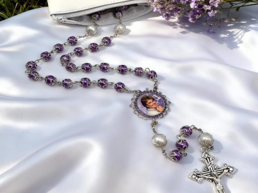 Catholic Photo Rosary – Ornate Purple Beads, Alzheimer’s Awareness Tribute, Personalized Memorial Gift with Photo of Your Loved Ones