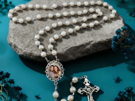 Custom Photo Rosary Beads, White Beads -Silver Crowns, for Anniversaries, Weddings, Quinceañeras, Sacraments, Memorials