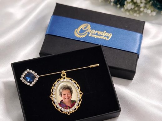 Something Blue Rhinestone Stick Pin with Custom Photo Charm - Bridal Memorial Keepsake Memory Brooch