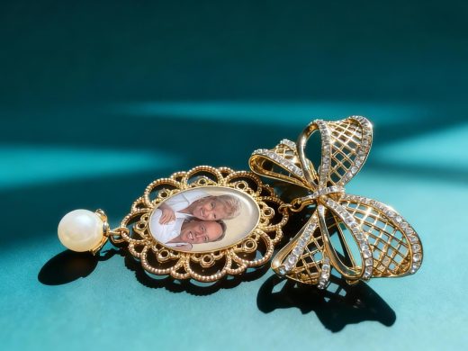 Custom Photo Bouquet Keepsake, Bow Brooch with Lacy Charm and Pearl Accent, in Memory of a Loved One, for the Bride