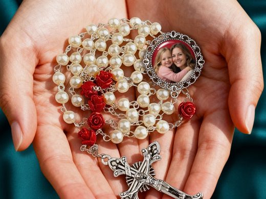 White Rosary with Red Roses Personalized with Your Photo, In Honor of or Memorial Remembrance, Celebration of Life, Sacrament Gift