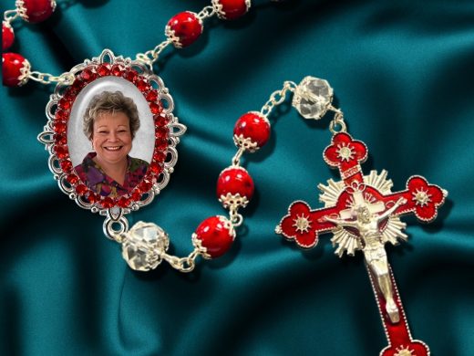 Custom Photo Rosary Beads – Red Stone Silver capped for Wedding, Baptism, Confirmation, Quinceañera, Celebration of Life Gift