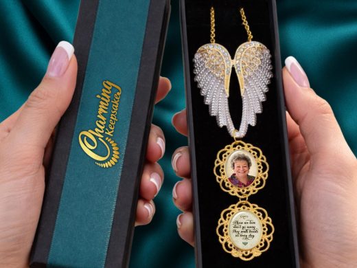 Rhinestone Guardian Angel Wings with Custom Photo Charms for Bridal Wedding Bouquet or Gift