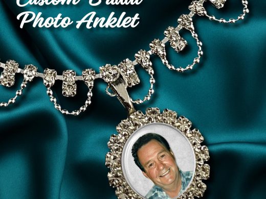 Bridal Custom Photo Anklet, Rhinestone Austrian Crystal Adjustable Ankle Bracelet, Something Blue for Bride