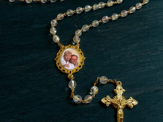 AB Crystal Photo Rosary with Gold Trim, Custom Picture Charm for Wedding Rosary, Sacraments, In Memory of or Celebration of Life Gift