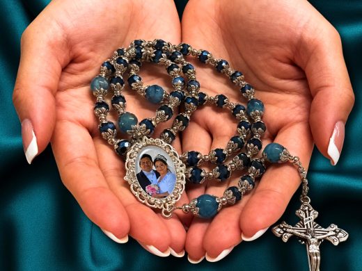 Custom Radiant Blue Rosary - Crystal Catholic Rosary Beads with Rhinestone Photo Charm - Memorial Jewelry