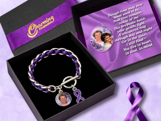 Purple Ribbon Memory Bracelet – Personalized Photo Keepsake for Alzheimer’s Awareness and Support