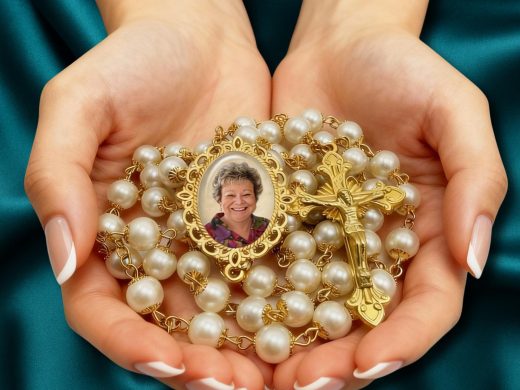 Custom Photo Rosary Necklace – White and Gold Catholic Memorial Jewelry with FREE Photo Restoration